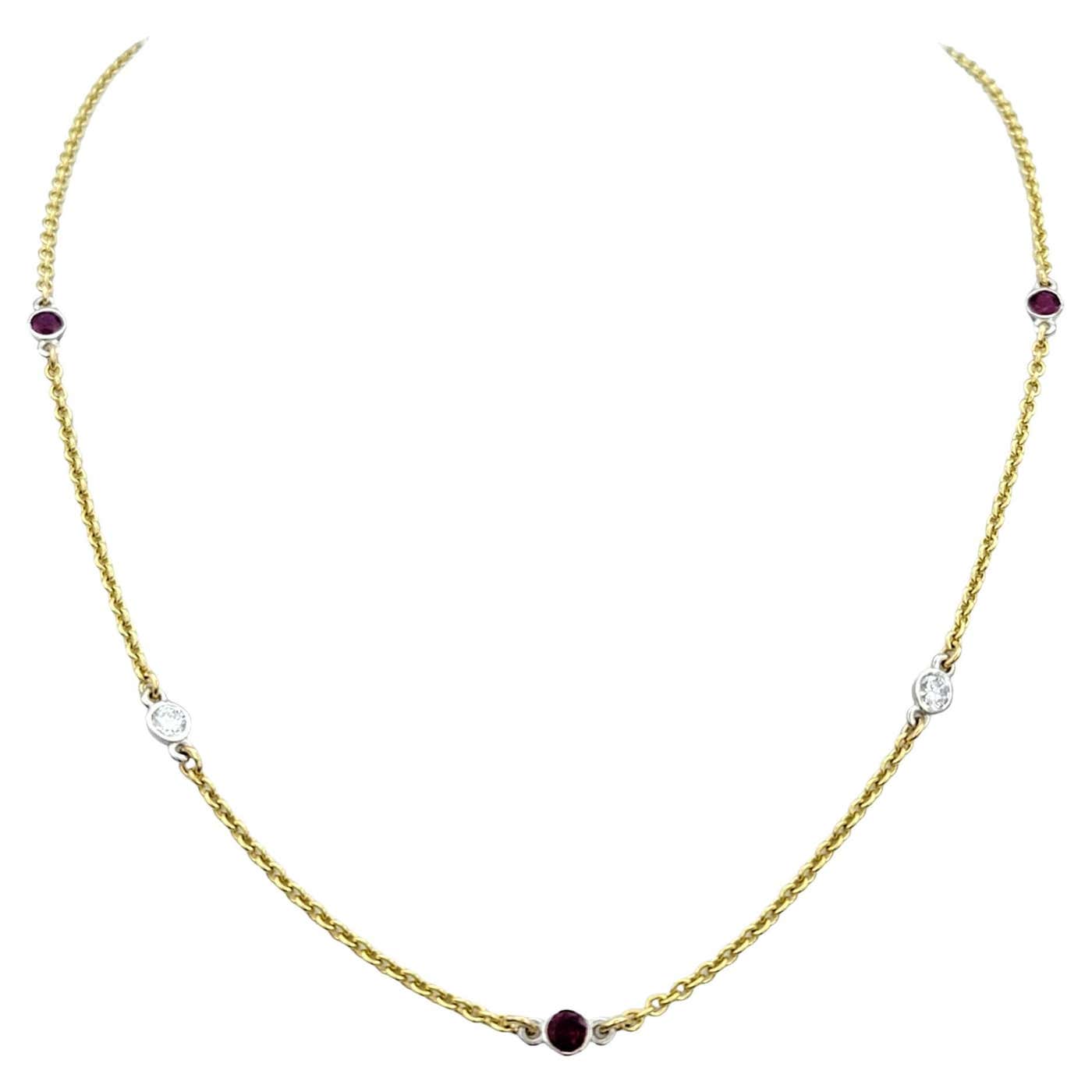 Round Bezel Set Diamond and Ruby Station Necklace Set in 18 Karat ...