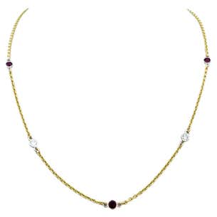 Round Bezel Set Diamond and Ruby Station Necklace Set in 18 Karat ...