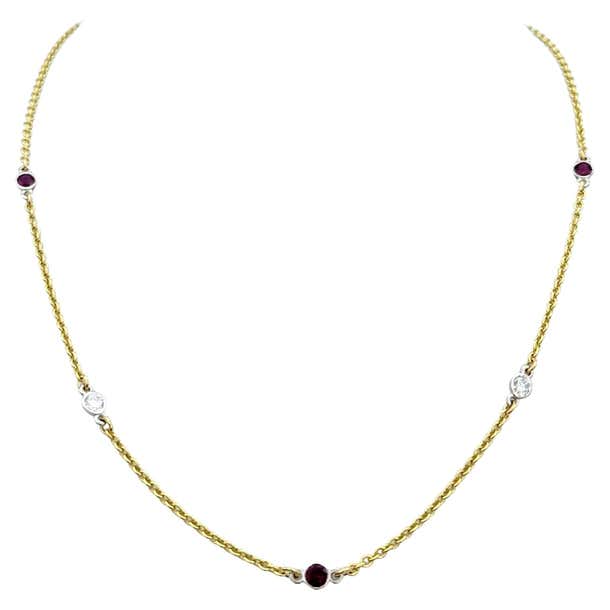Round Bezel Set Diamond and Ruby Station Necklace Set in 18 Karat ...