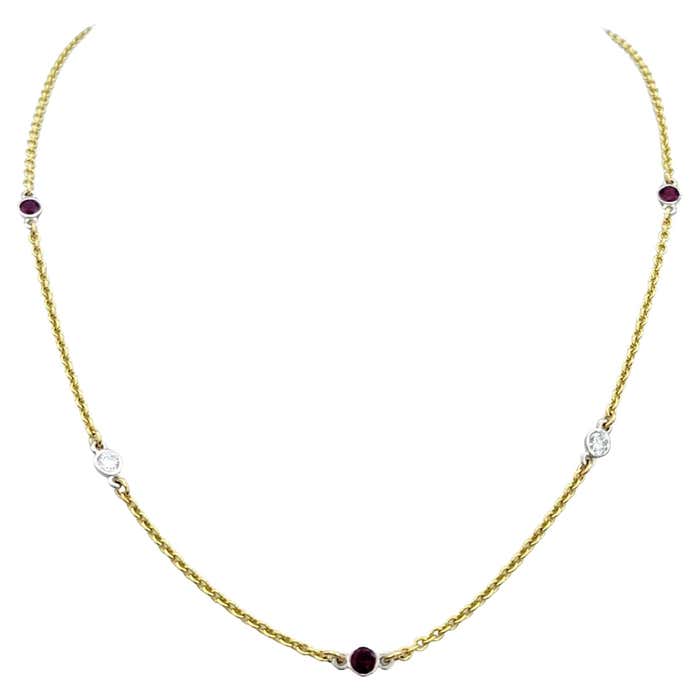 Round Bezel Set Diamond and Ruby Station Necklace Set in 18 Karat ...
