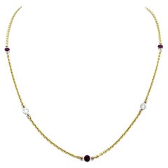 Round Bezel Set Diamond and Ruby Station Necklace Set in 18 Karat Yellow Gold