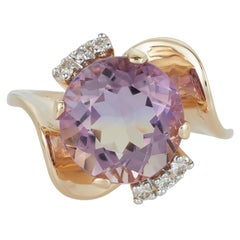 Round Bicolor Ametrine Citrine Amethyst Diamond Swirl Ring 14 Karat Yellow Gold