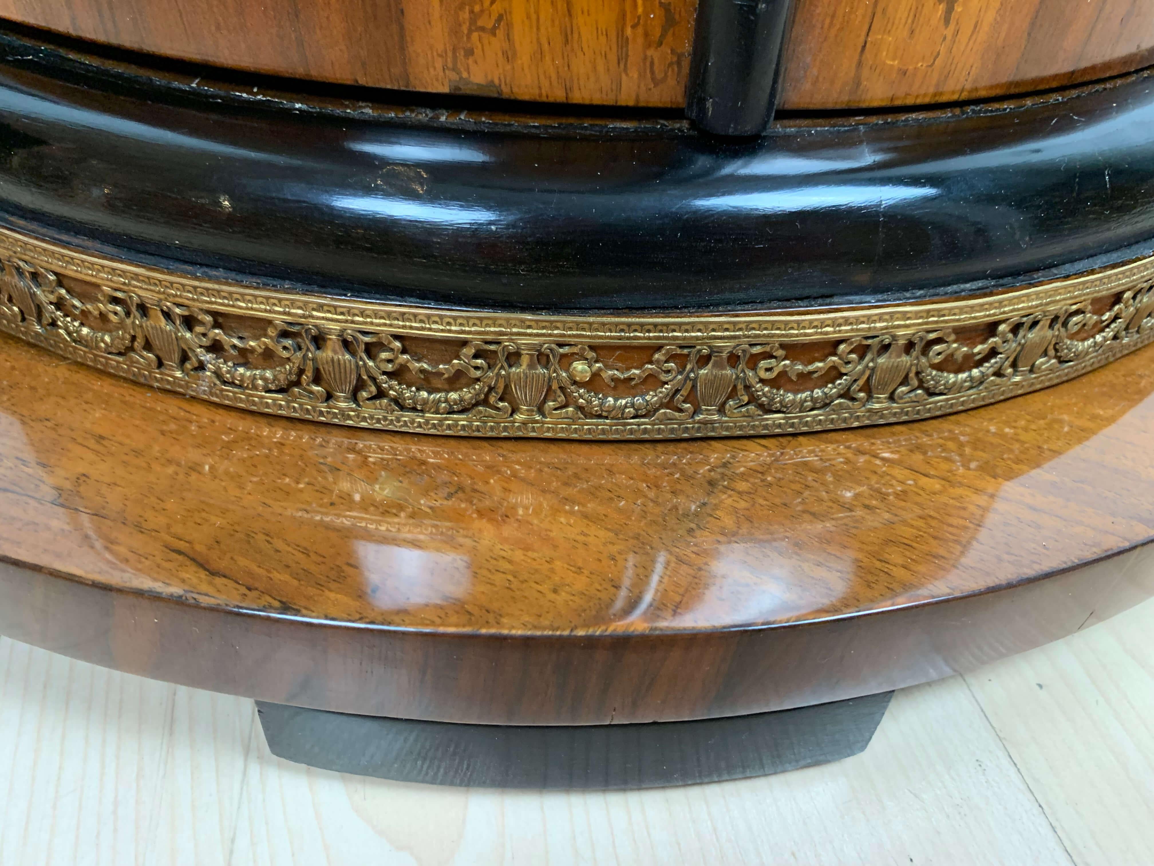 Brass Round Biedermeier Drum Cabinet, Walnut Veneer, Austria, Vienna circa 1830