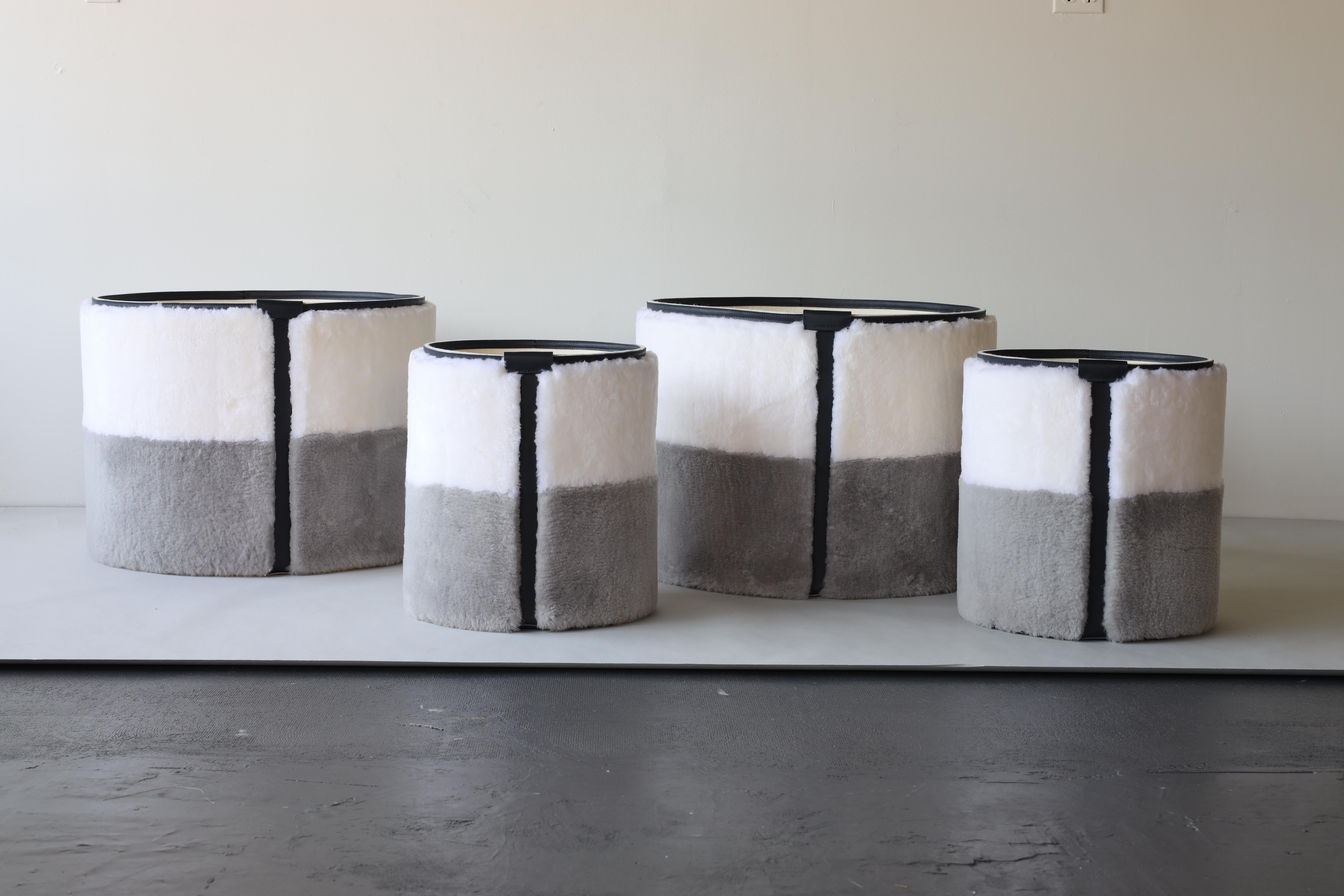 Modern Round Shearling and Leather Storage Bin by Moses Nadel For Sale