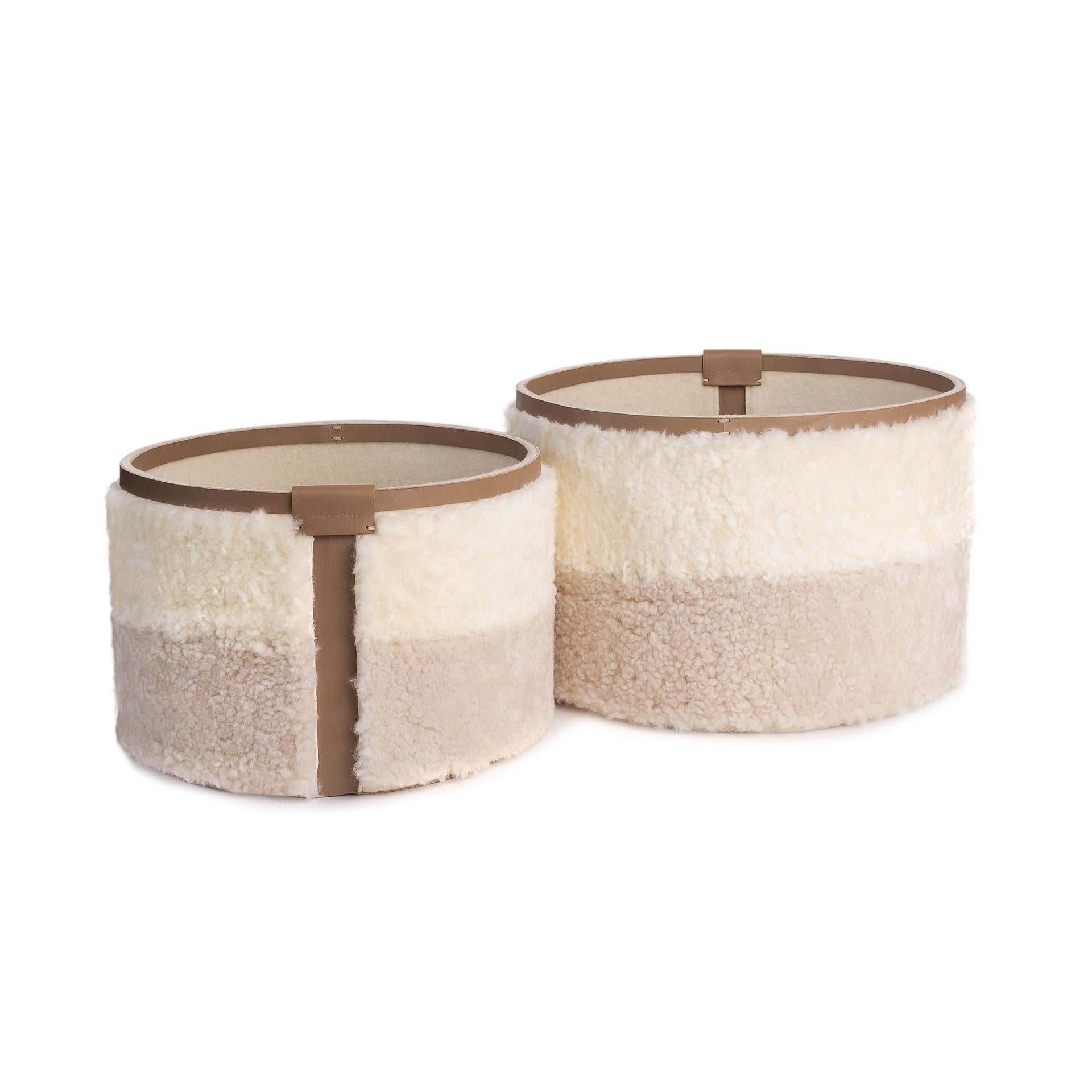 American Round Shearling and Leather Storage Bin by Moses Nadel For Sale