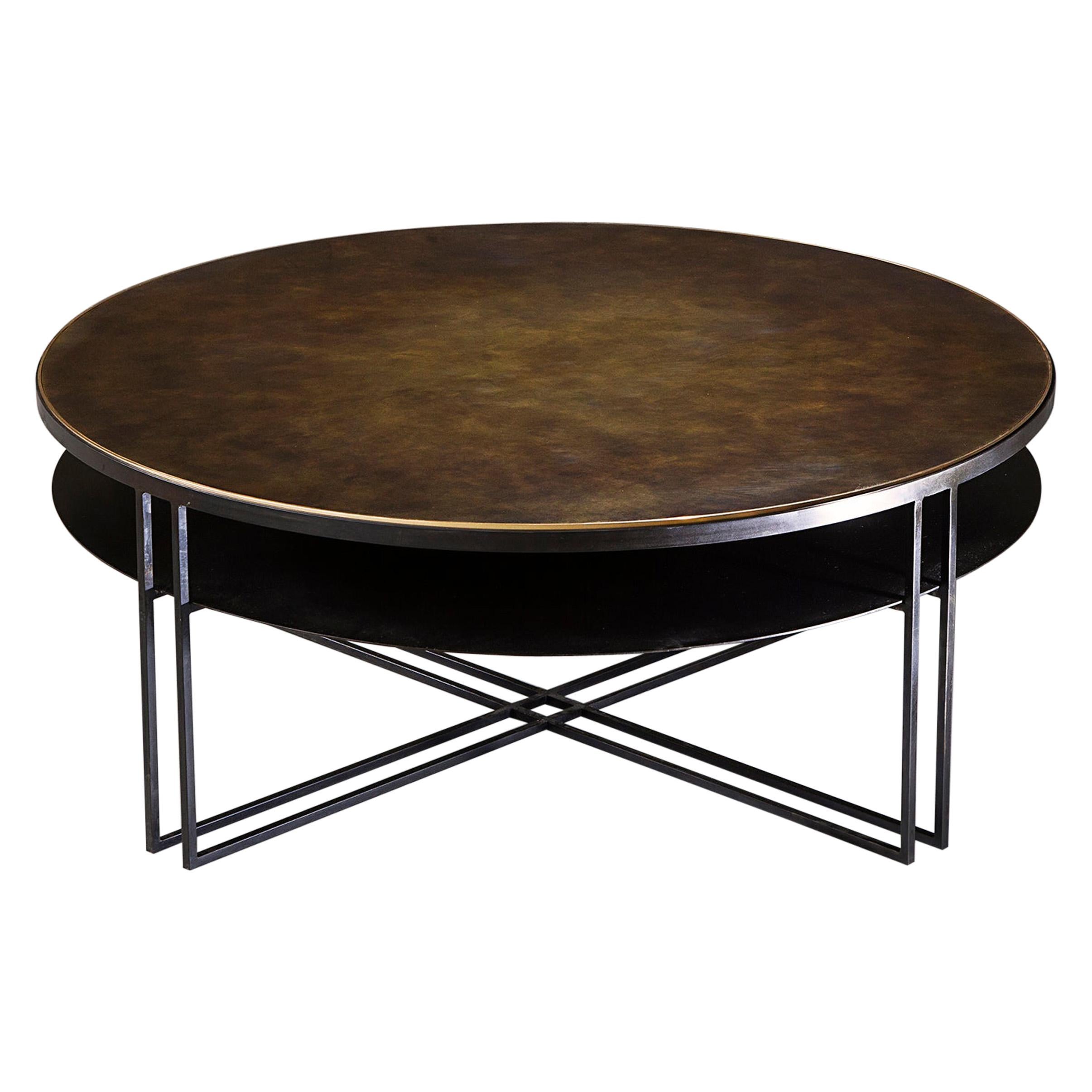 Round Binate Coffee Table — Large — Blackened Steel Frame — Patinated Brass Top