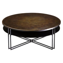 Round Binate Coffee Table —Medium— Patinated Brass Frame — Honed Cumbrian Slate