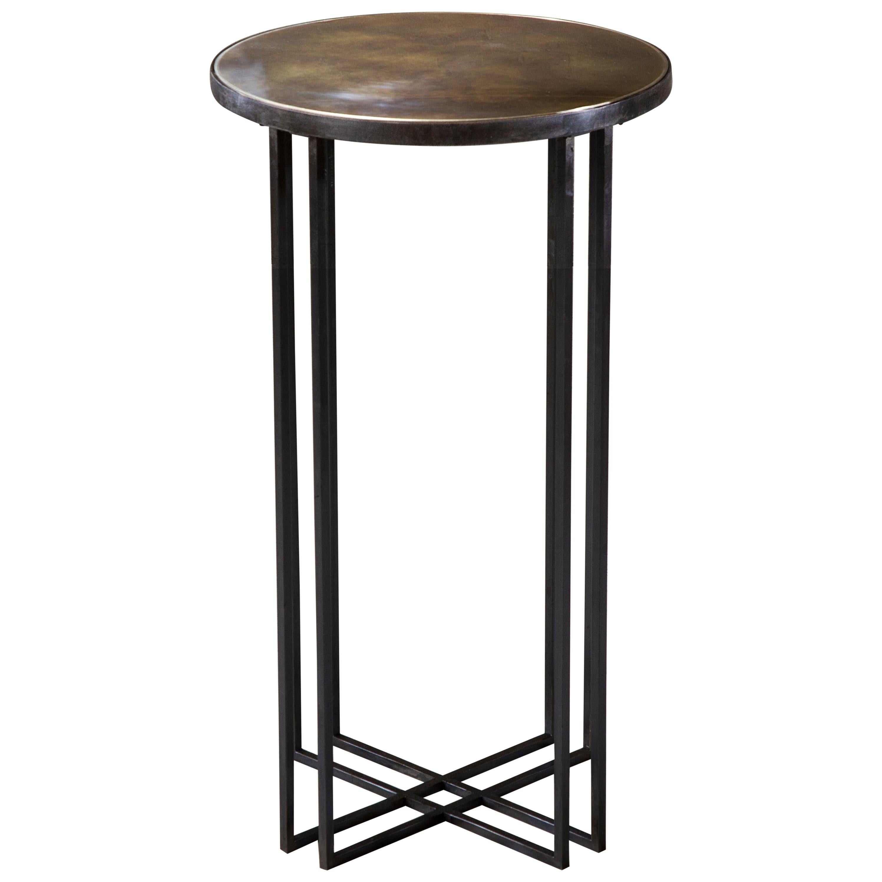 Round Binate Side Table — Blackened Steel Frame — Patinated Brass Top For Sale