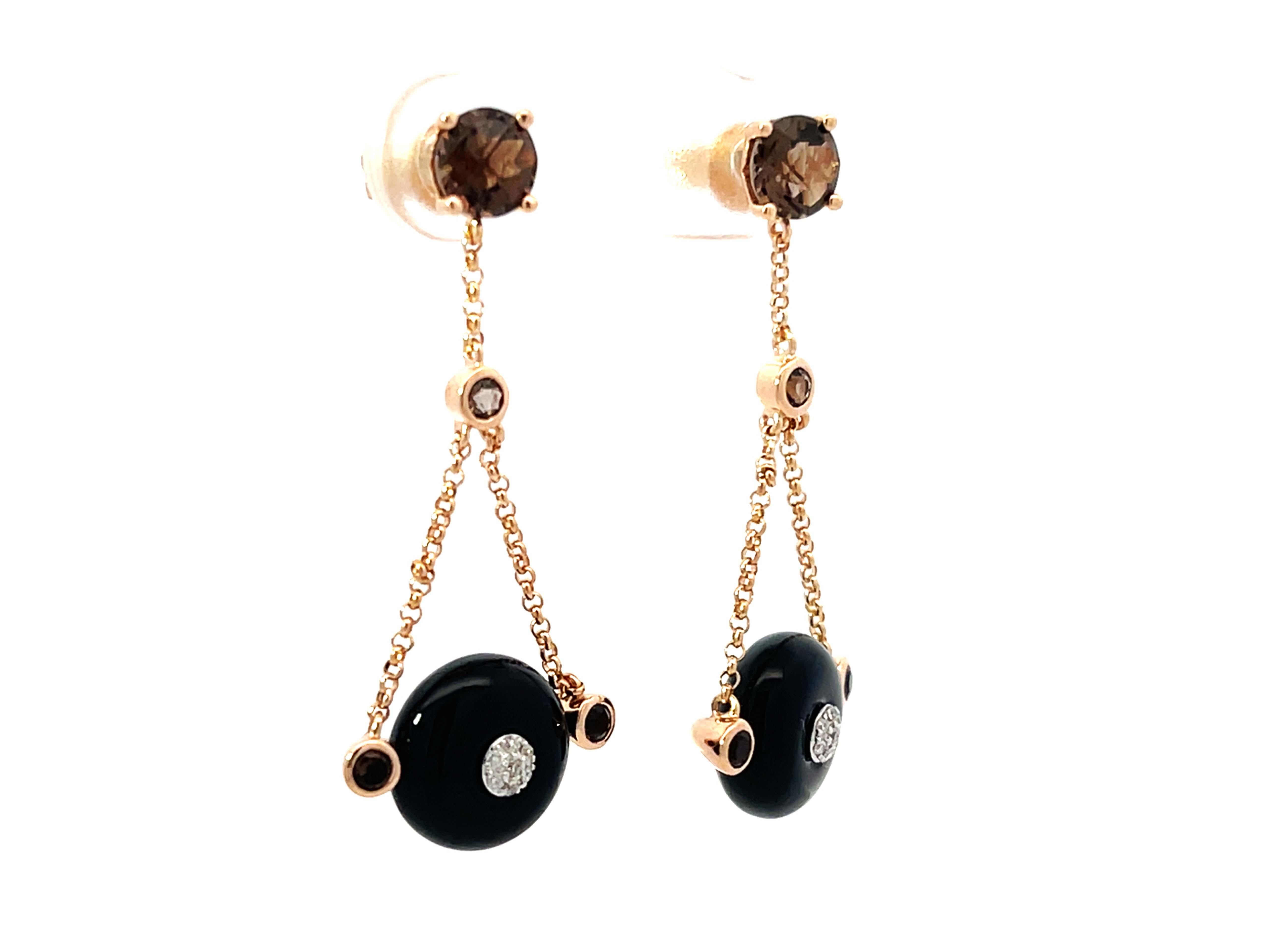 Modern Round Black Agate Diamond and Smoky Topaz Dangly Earrings 14k Rose Gold For Sale