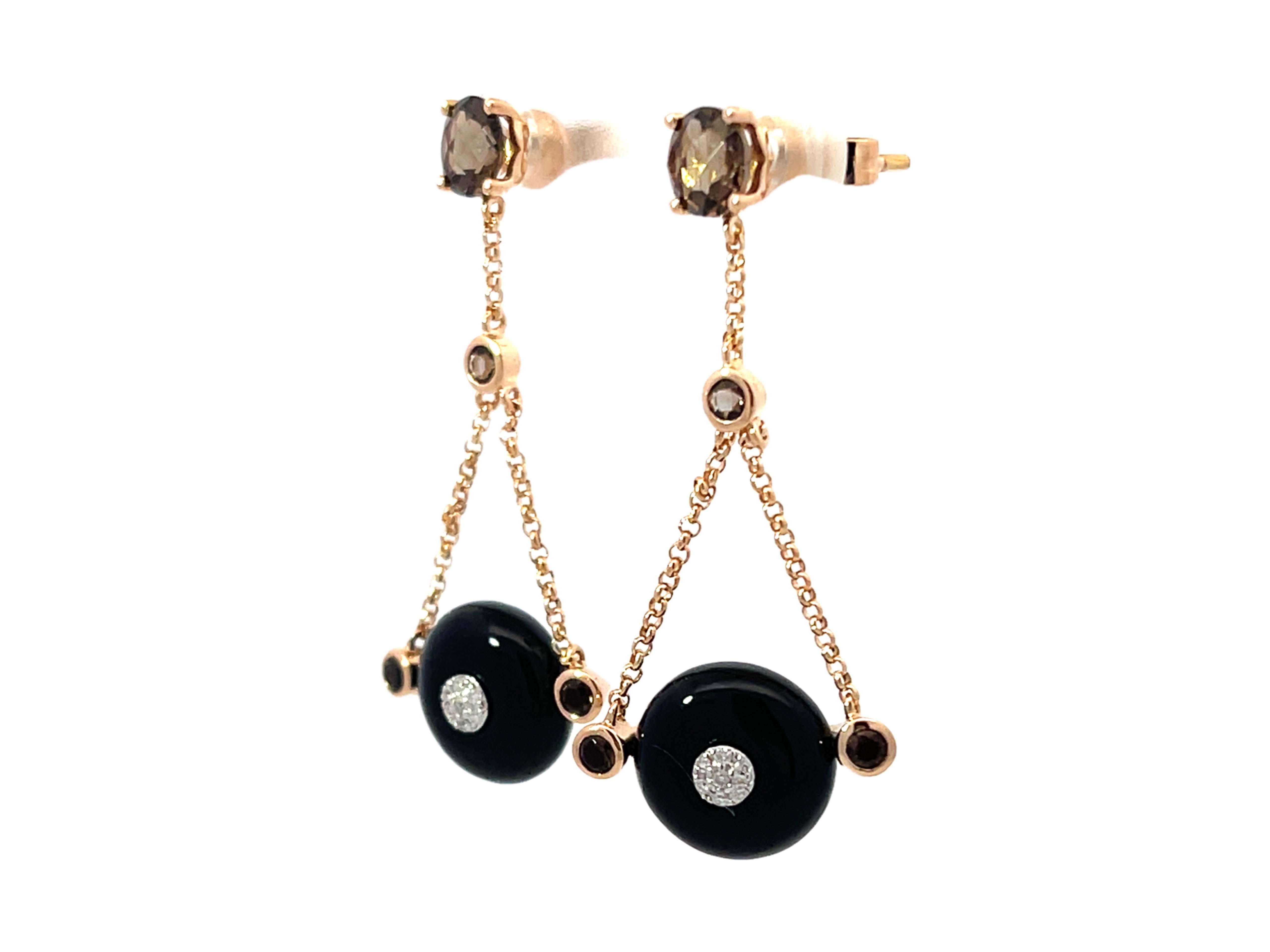 Brilliant Cut Round Black Agate Diamond and Smoky Topaz Dangly Earrings 14k Rose Gold For Sale