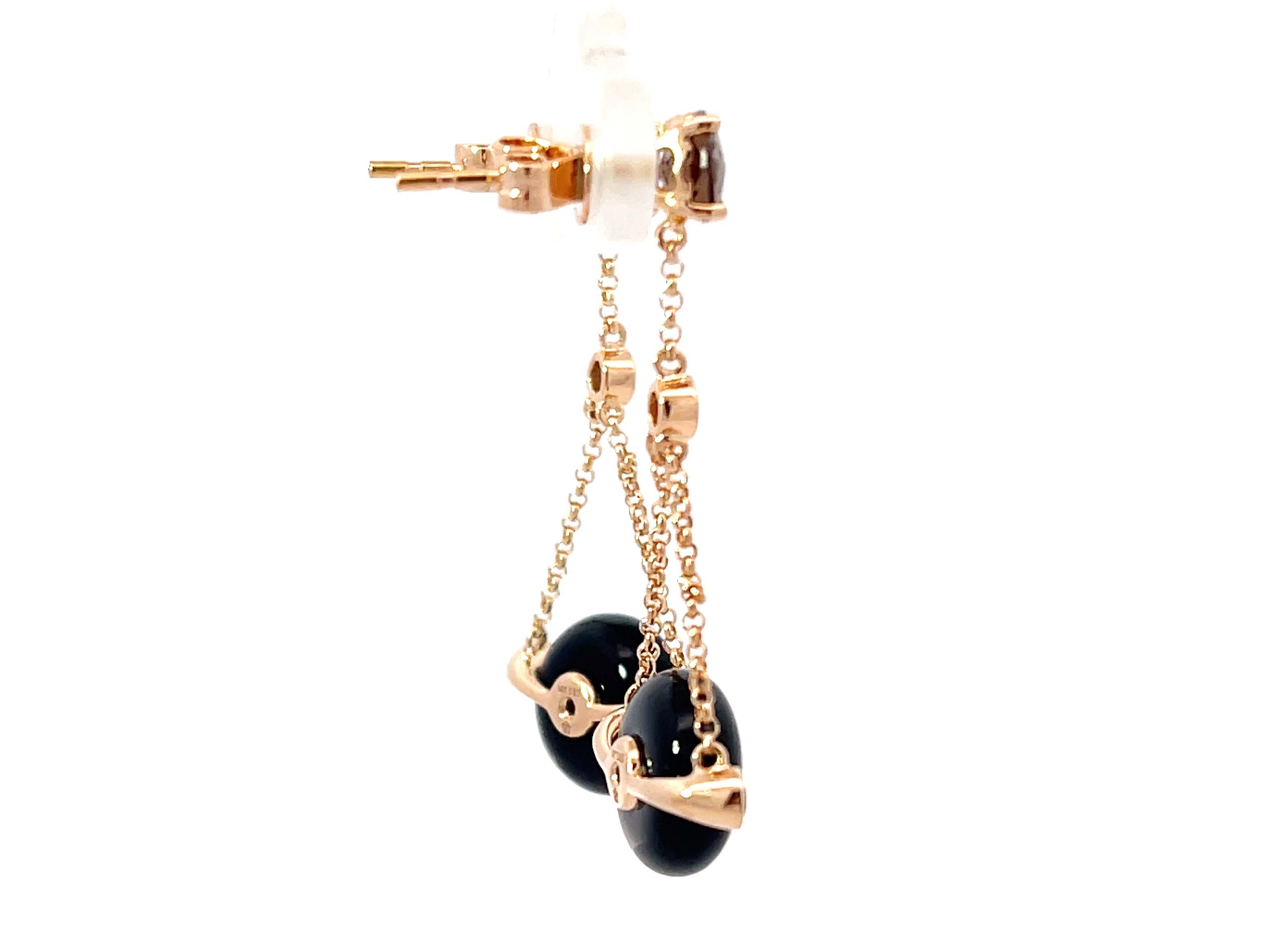 Round Black Agate Diamond and Smoky Topaz Dangly Earrings 14k Rose Gold In Excellent Condition For Sale In Honolulu, HI