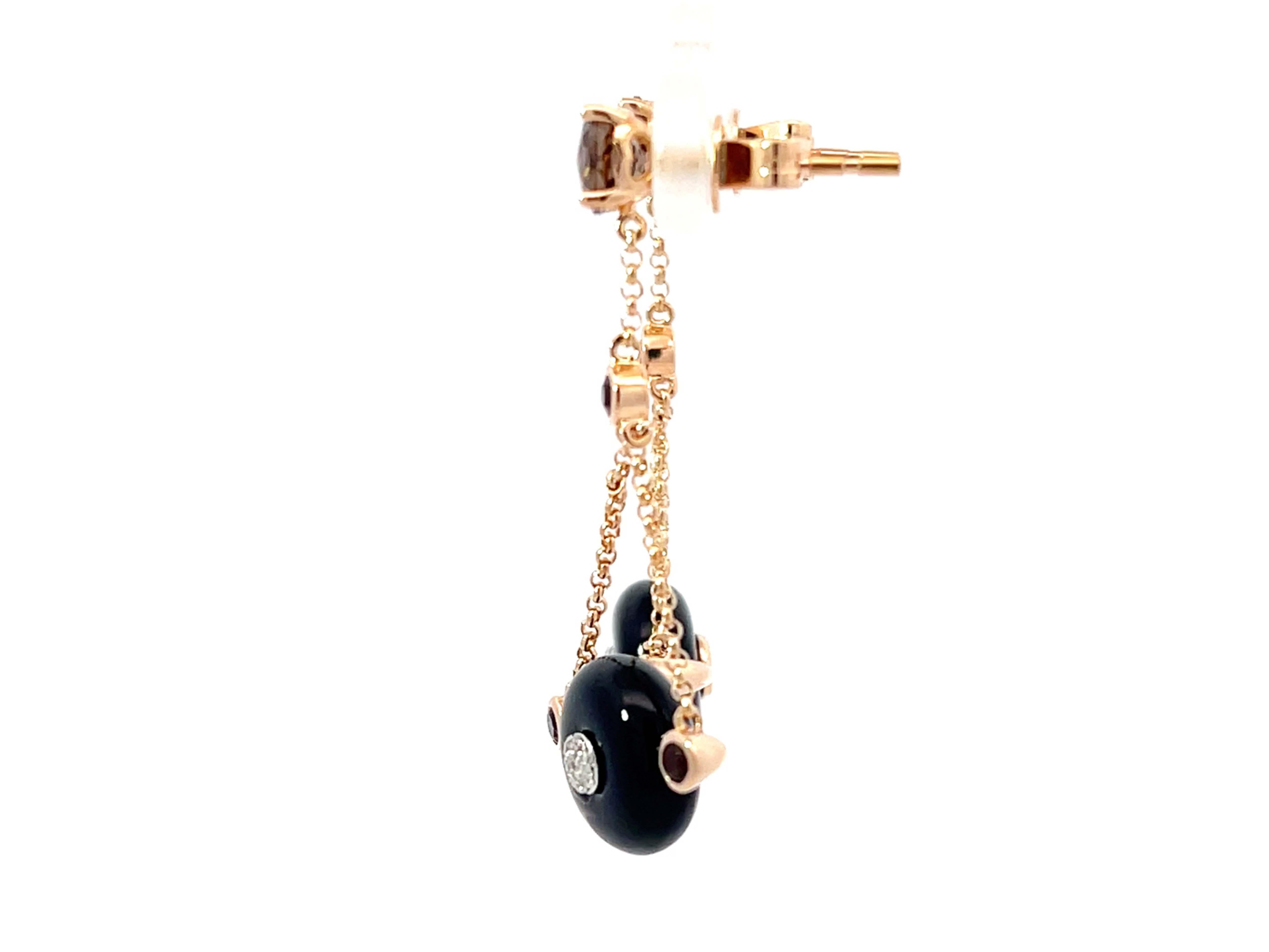Women's Round Black Agate Diamond and Smoky Topaz Dangly Earrings 14k Rose Gold For Sale