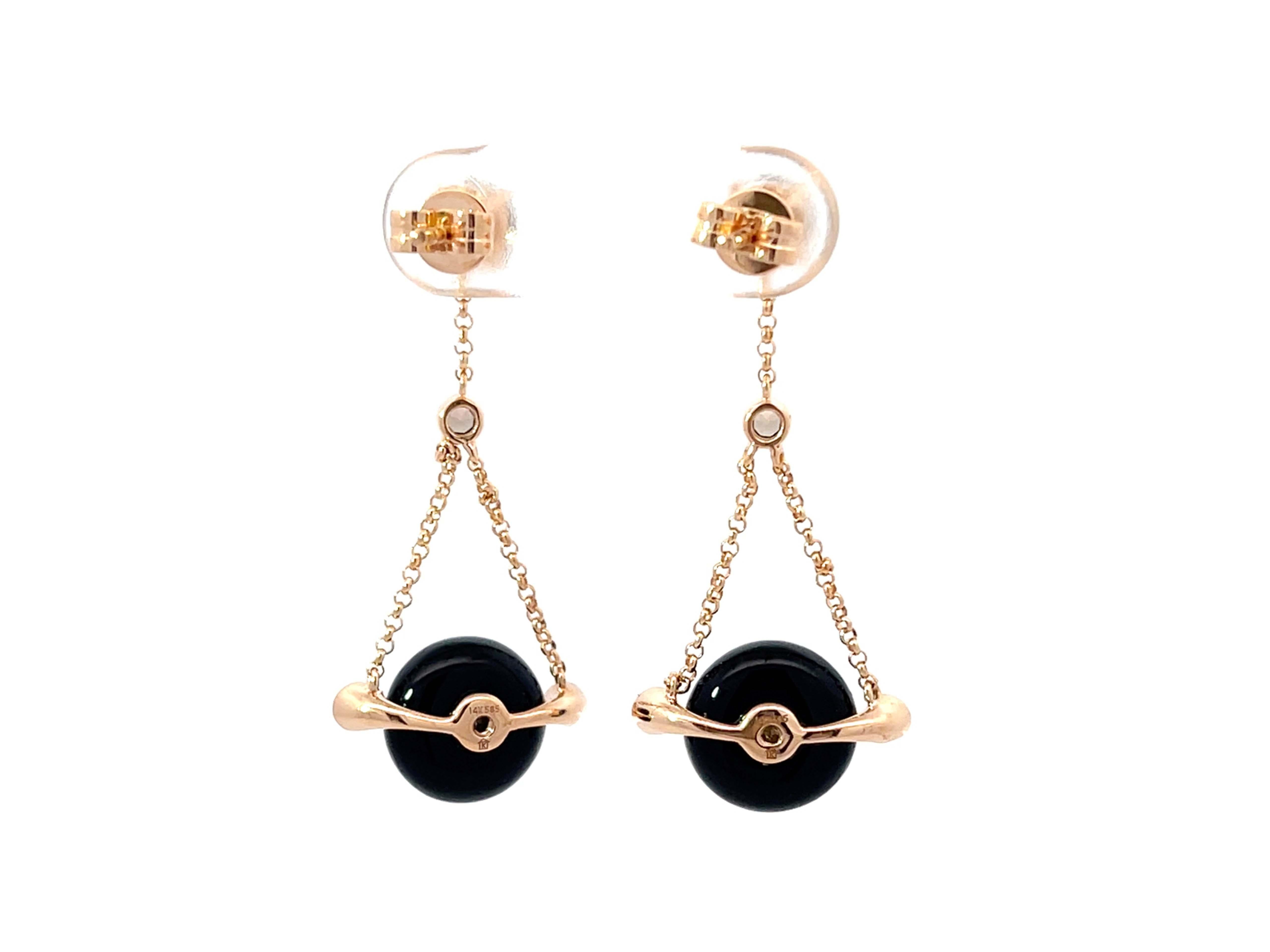 Round Black Agate Diamond and Smoky Topaz Dangly Earrings 14k Rose Gold For Sale 1