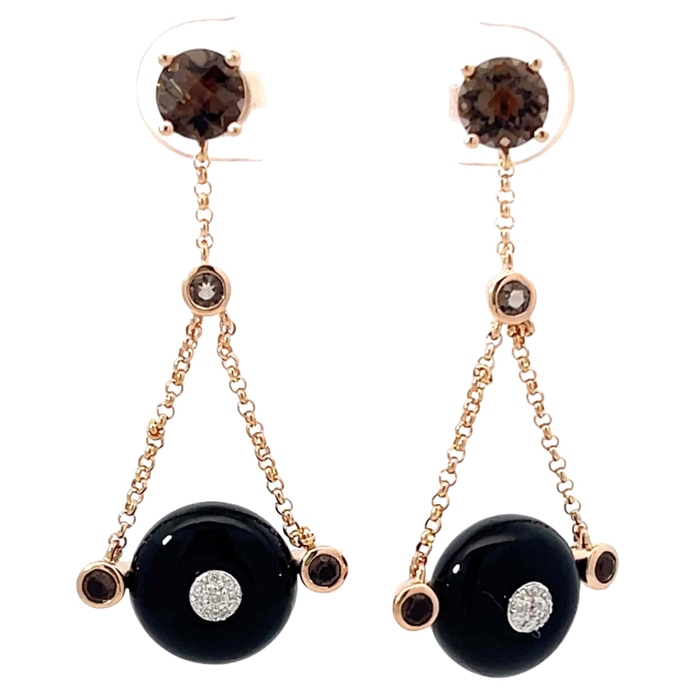 Round Black Agate Diamond and Smoky Topaz Dangly Earrings 14k Rose Gold For Sale