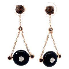 Round Black Agate Diamond and Smoky Topaz Dangly Earrings 14k Rose Gold