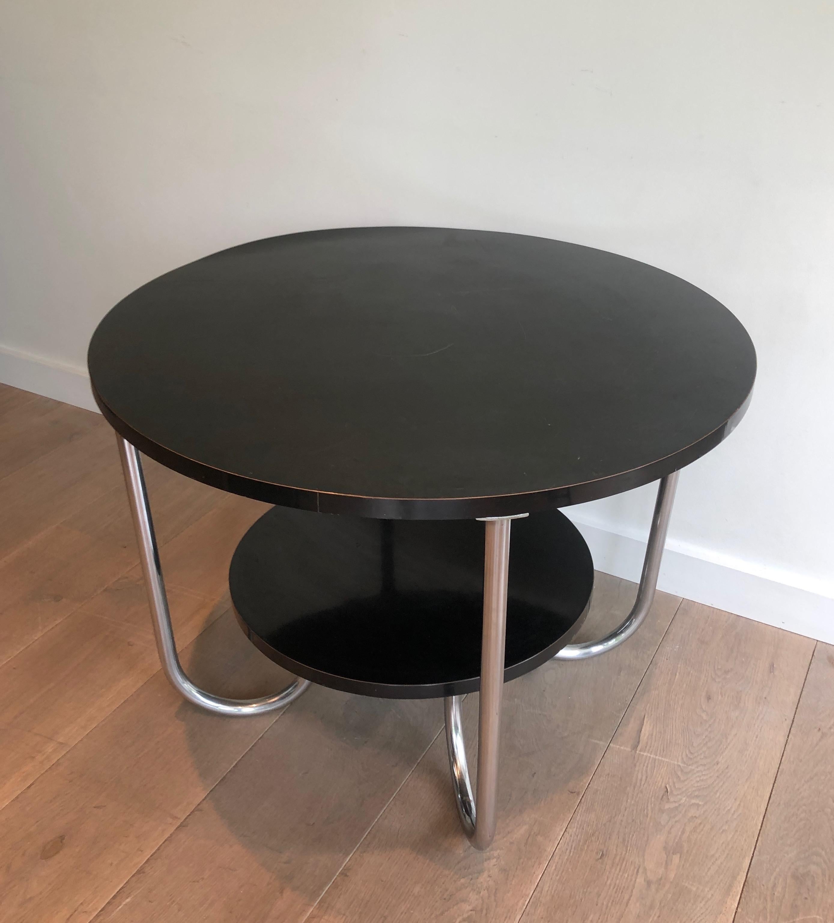 Mid-Century Modern Round Black and Chrome Gueridon, French Work, in the Style of Marcel Breuer. Ci