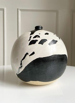 Round Black and White Splash Glaze Ceramic Vase, Denmark, 1980s