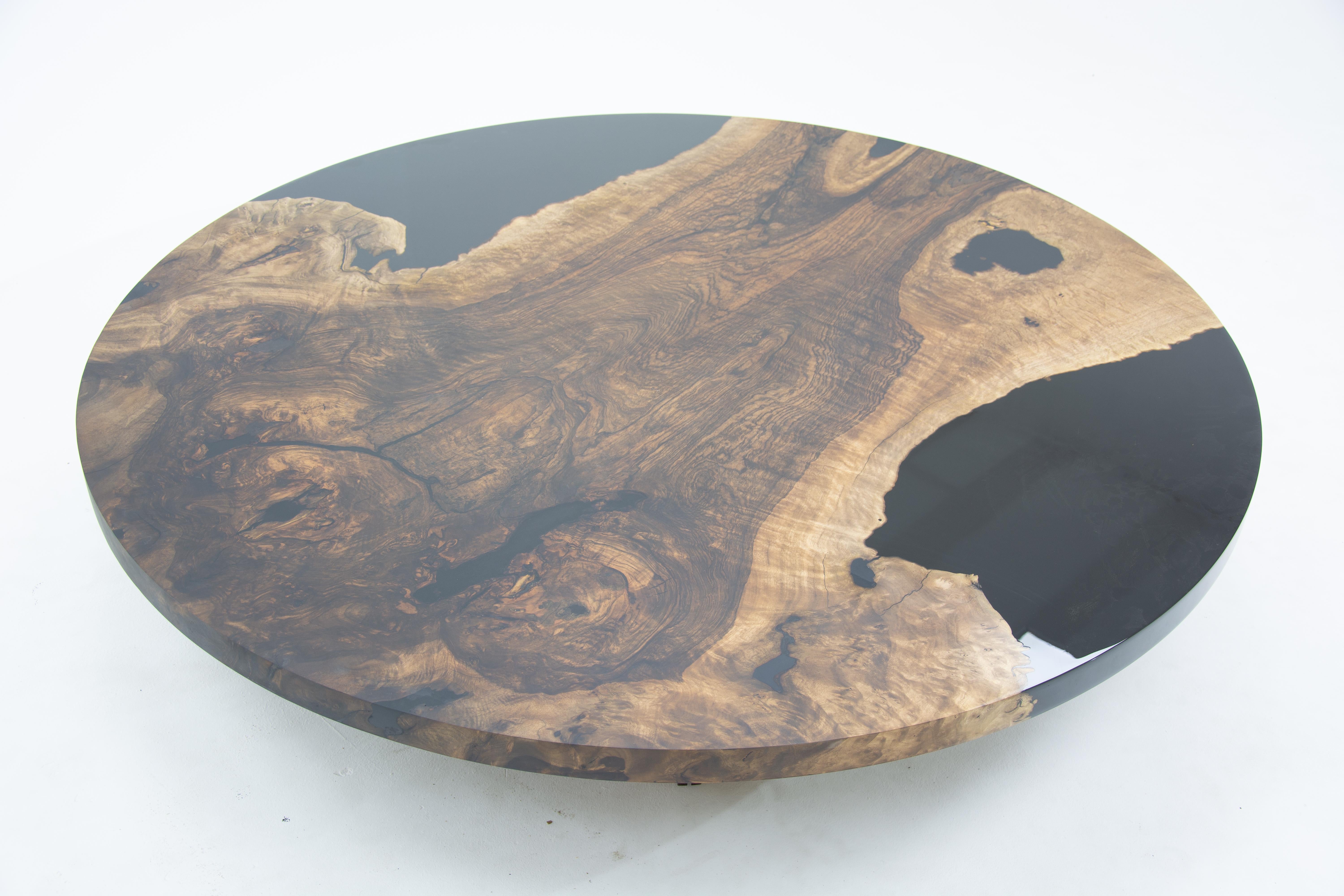 Arts and Crafts Round Black Coffee Table - Epoxy Resin Custom Table For Sale