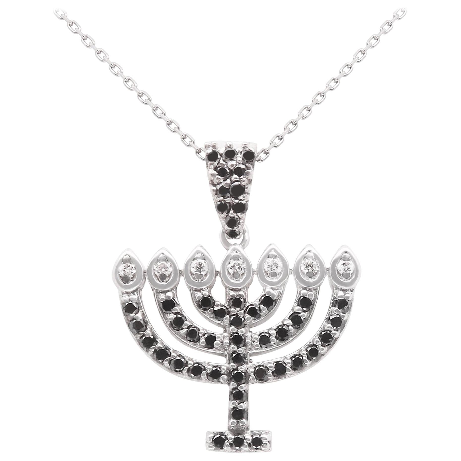 Round Black Diamond and White Sapphire Hannukah Jewish Menorah Pendant on Silver For Sale