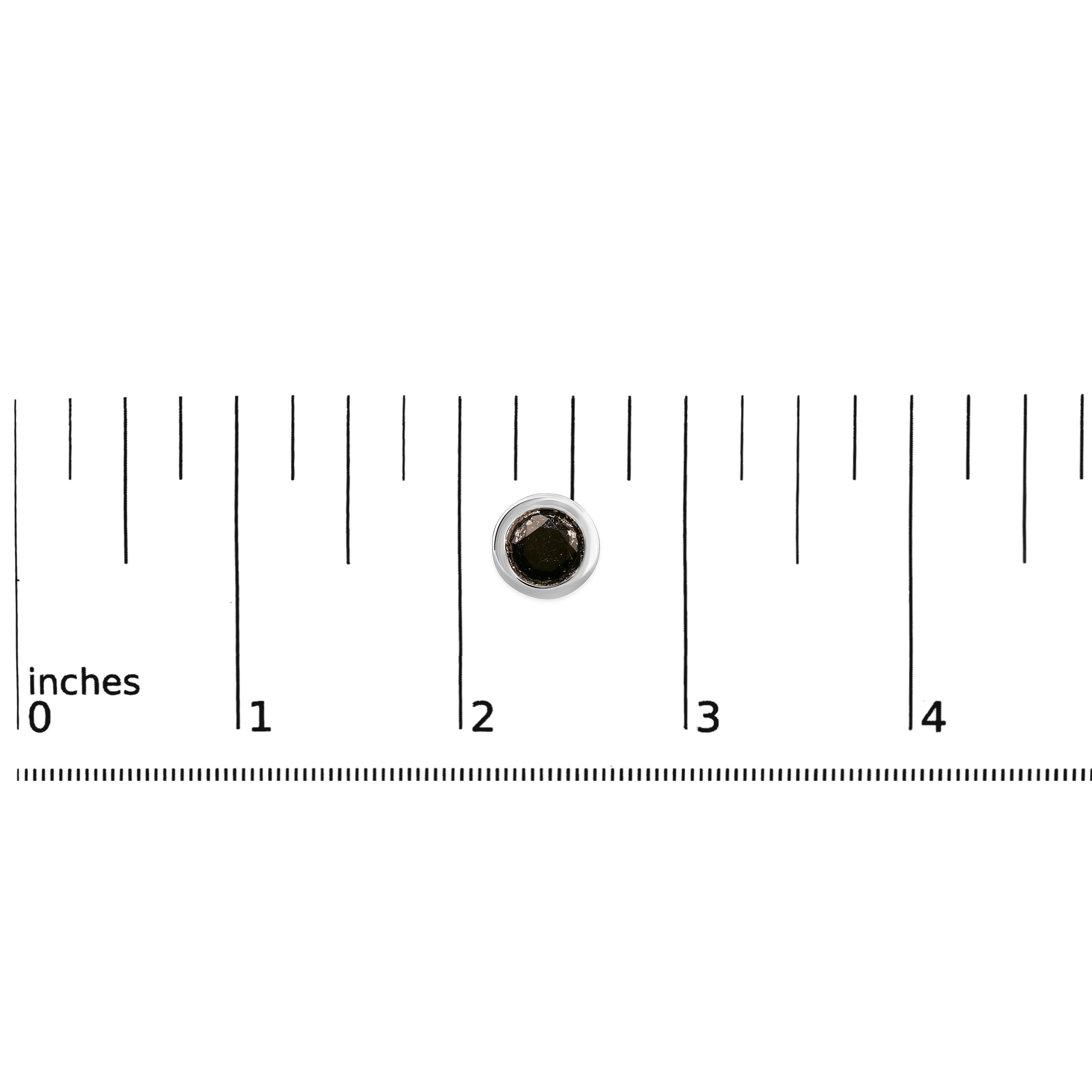 Elegant and timeless, these gorgeous .925 sterling silver solitaire stud earrings feature bold and beautiful heat treated, color enhanced black diamonds in a bezel setting. The earrings feature screwback closures. The notched posts and friction