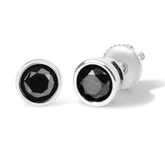 Round Black Diamond Bezel Set Silver Solitaire Stud Earrings with Screw Backs