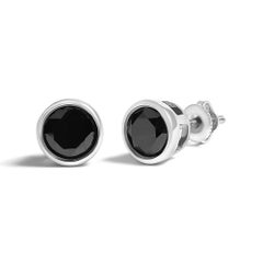 Round Black Diamond Bezel Set Silver Solitaire Stud Earrings with Screw Backs