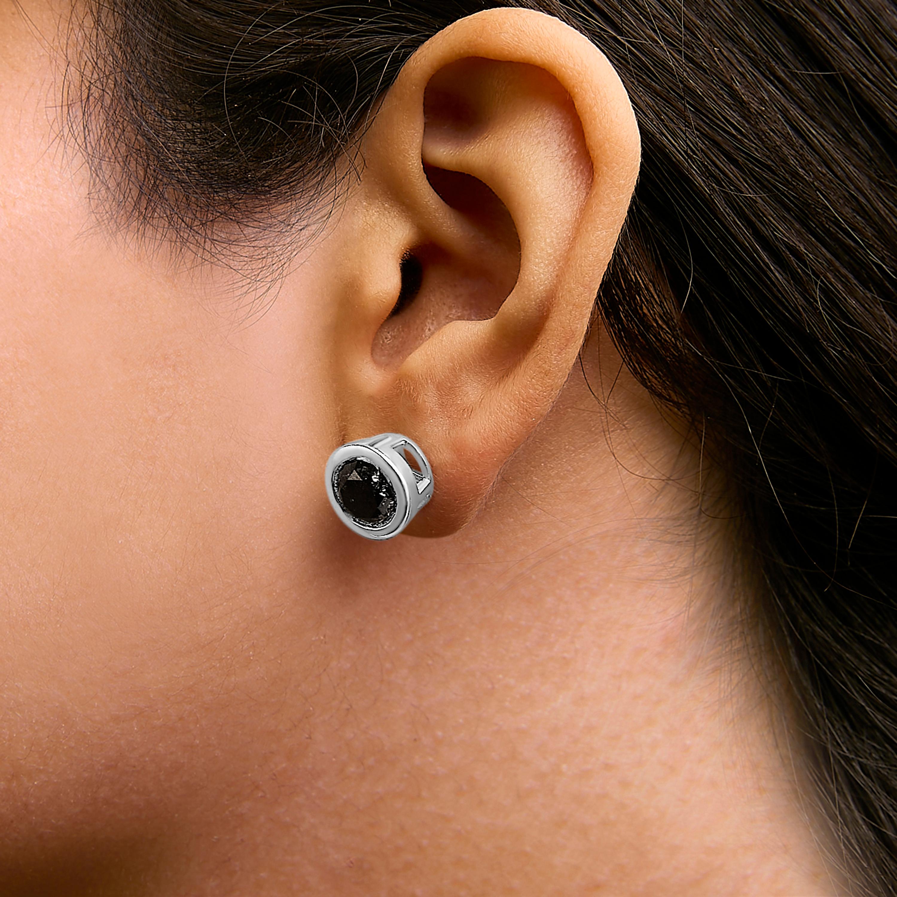 Modern Round Black Diamond Bezel Set Silver Solitaire Stud Earrings with Screw Backs For Sale