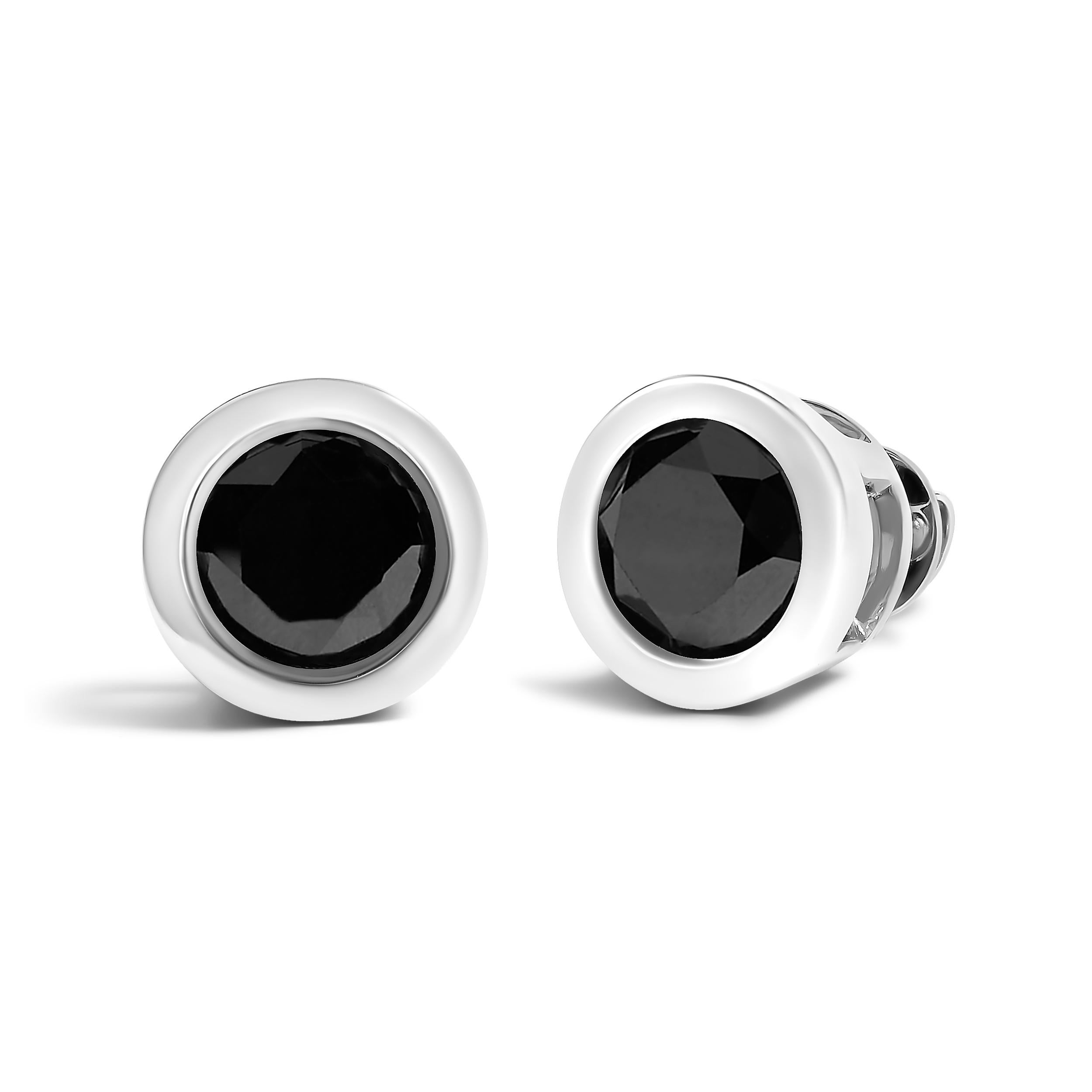 Round Black Diamond Bezel Set Silver Solitaire Stud Earrings with Screw Backs In New Condition For Sale In New York, NY
