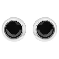 Round Black Diamond Bezel Set Silver Solitaire Stud Earrings with Screw Backs