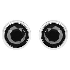 Round Black Diamond Bezel Set Silver Solitaire Stud Earrings with Screw Backs