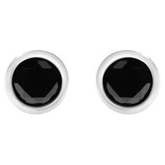 Round Black Diamond Bezel Set Silver Solitaire Stud Earrings with Screw Backs