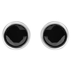 Round Black Diamond Bezel Set Silver Solitaire Stud Earrings with Screw Backs
