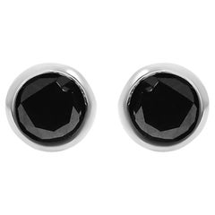 Round Black Diamond Bezel Set Silver Solitaire Stud Earrings with Screw Backs