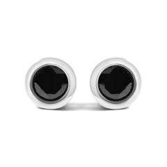 Round Black Diamond Bezel Set Silver Solitaire Stud Earrings with Screw Backs