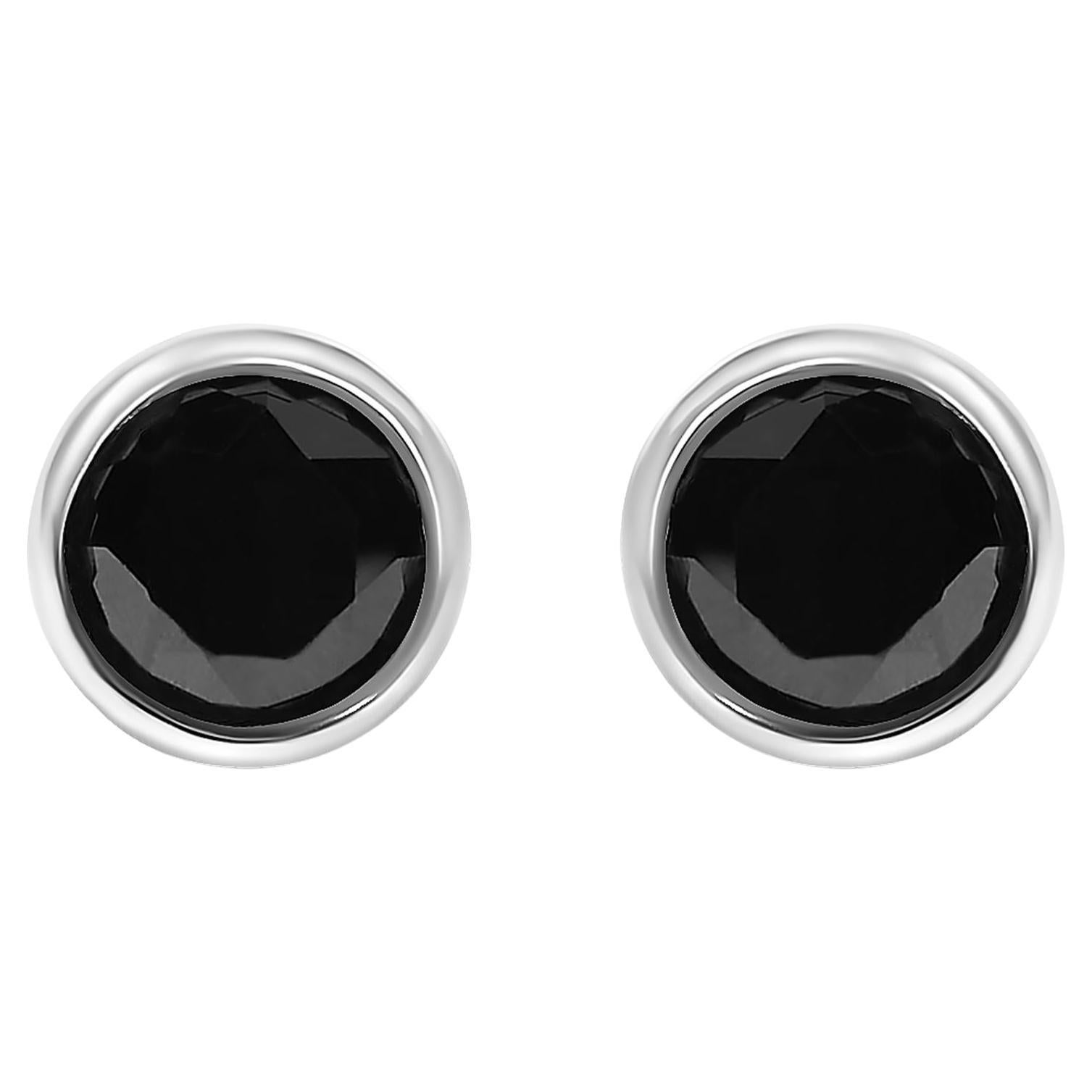 Pendientes redondos de diamante negro con bisel y solitario de plata con cierre de rosca