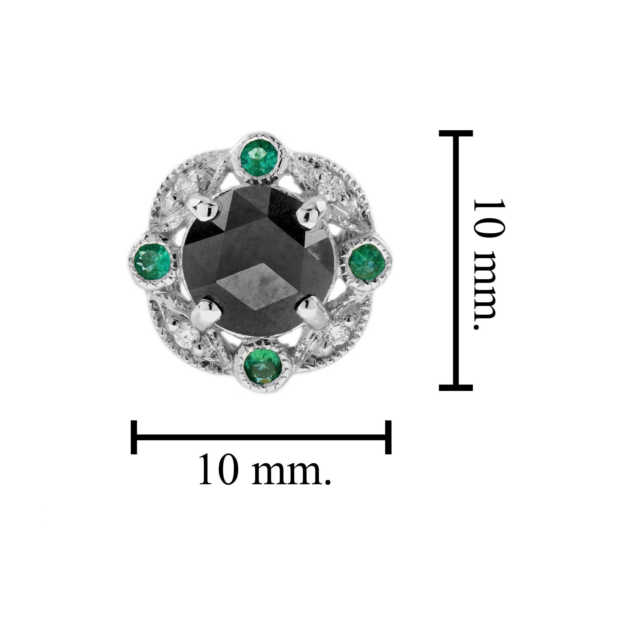 Orecchini con diamante nero rotondo e smeraldo di ispirazione Art Deco in oro bianco 14 carati in vendita 1