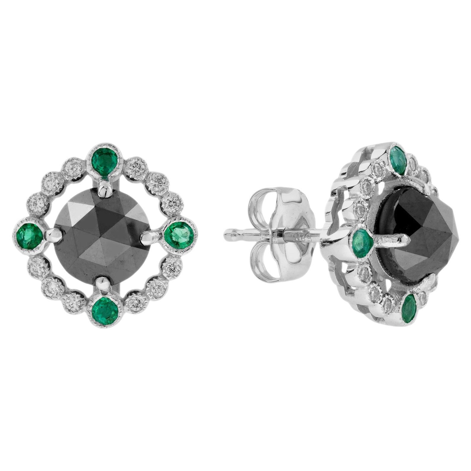 Round Black Diamond Emerald Art Deco Inspired Stud 14K White Gold Earrings