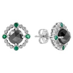 Round Black Diamond Emerald Art Deco Inspired Stud 14K White Gold Earrings