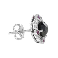 Round Black Diamond Red Ruby Art Deco Inspired Stud 14K White Gold Earrings