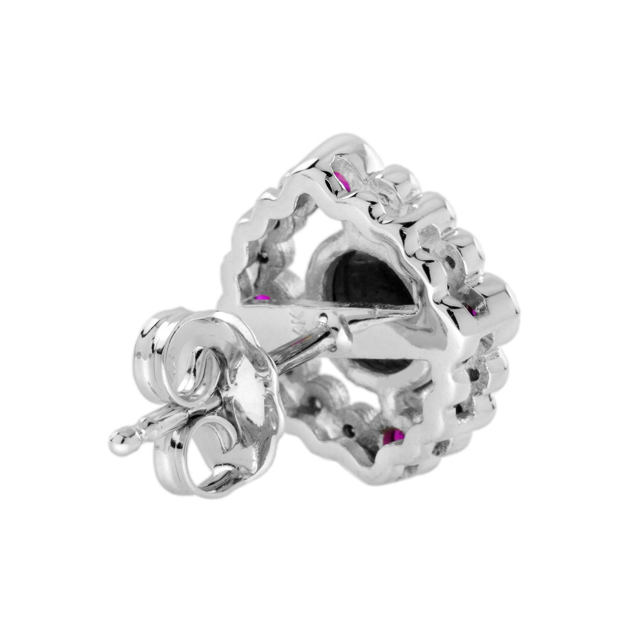 Round Black Diamond Red Ruby Art Deco Inspired Stud 14K White Gold Earrings Art Decó en venta