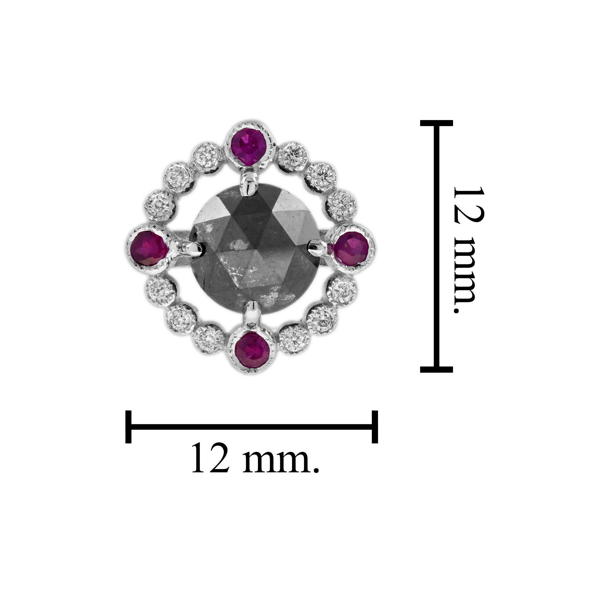 Round Black Diamond Red Ruby Art Deco Inspired Stud 14K White Gold Earrings en Nuevo estado para la venta en Oakton, VA