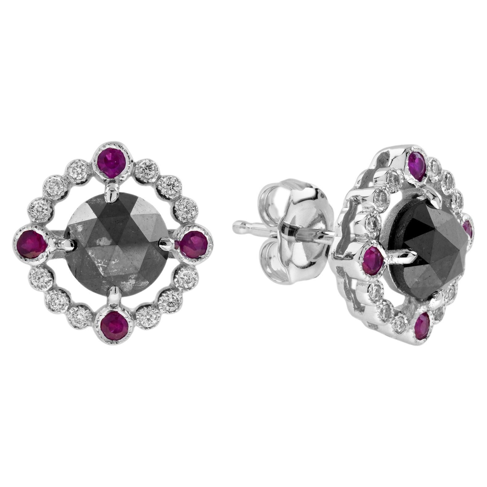 Round Black Diamond Red Ruby Art Deco Inspired Stud 14K White Gold Earrings