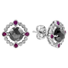 Round Black Diamond Red Ruby Art Deco Inspired Stud 14K White Gold Earrings
