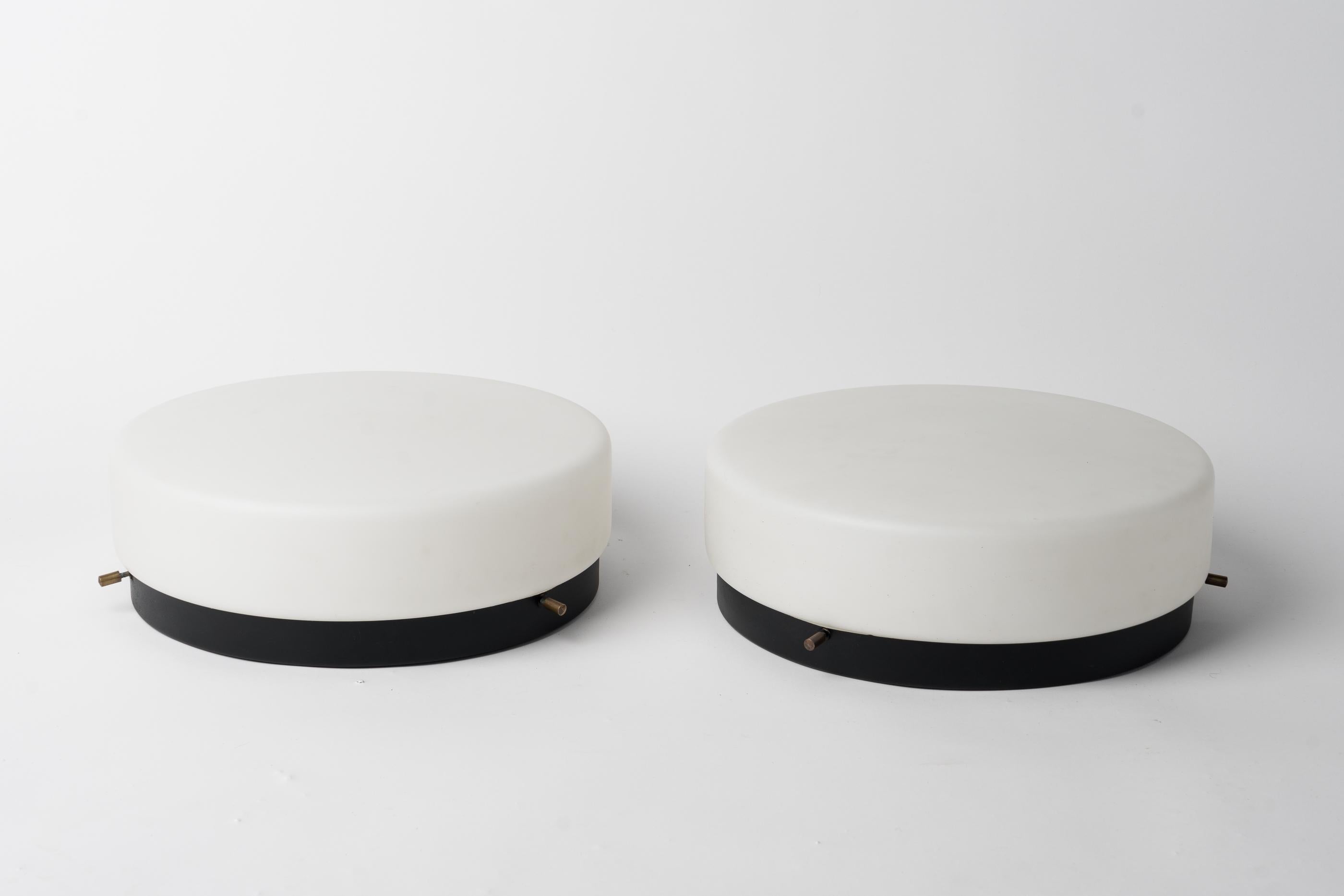 Mid-Century Modern Round Black Lacquered Metal, Brass and Milk Glass Sconces, France 1960s For Sale