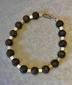 Round black lava beads necklace w/ metal spacers and sterling silver clasp