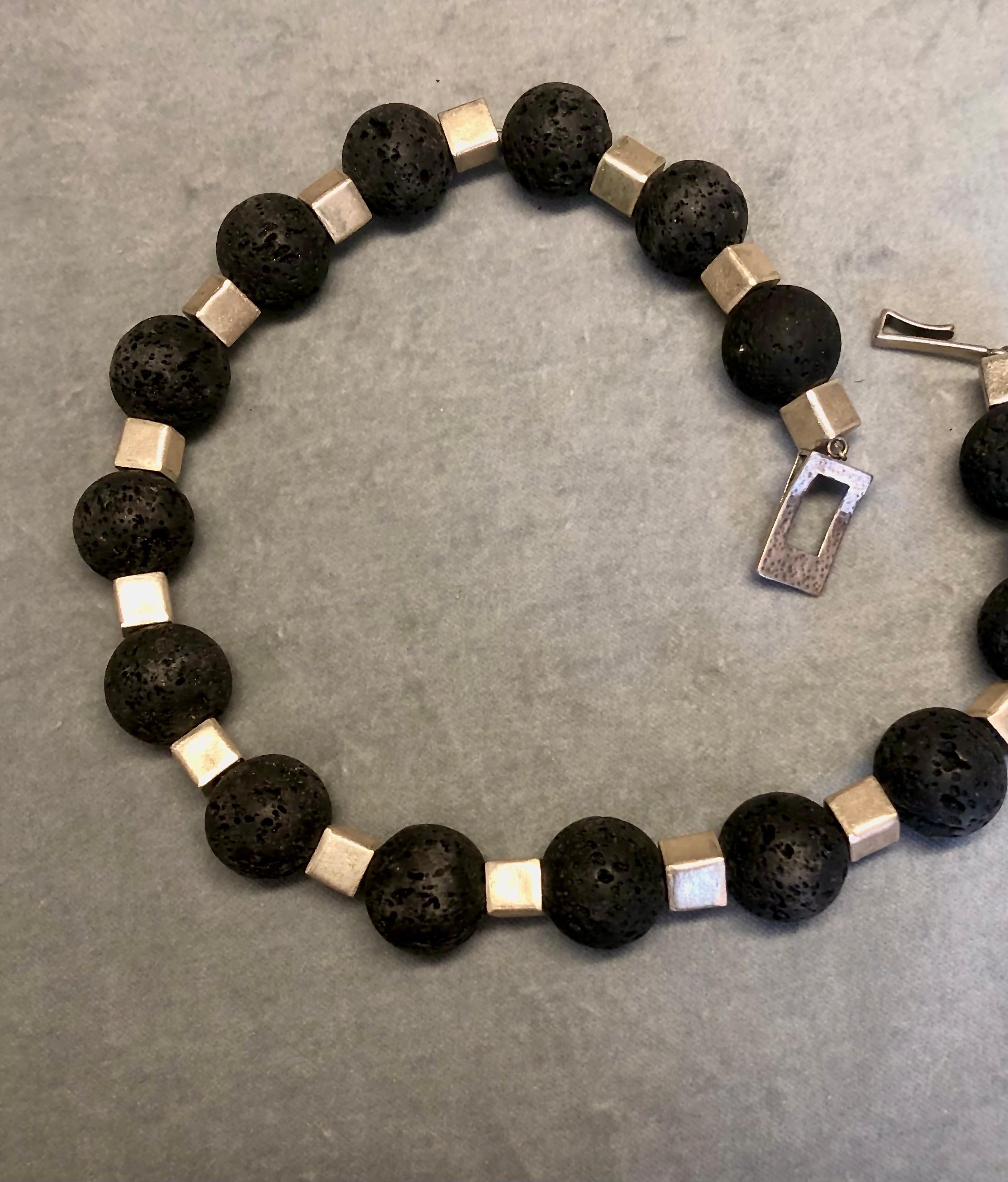 Round black lava beads necklace w/ metal spacers and sterling silver clasp In New Condition For Sale In New Orleans, LA