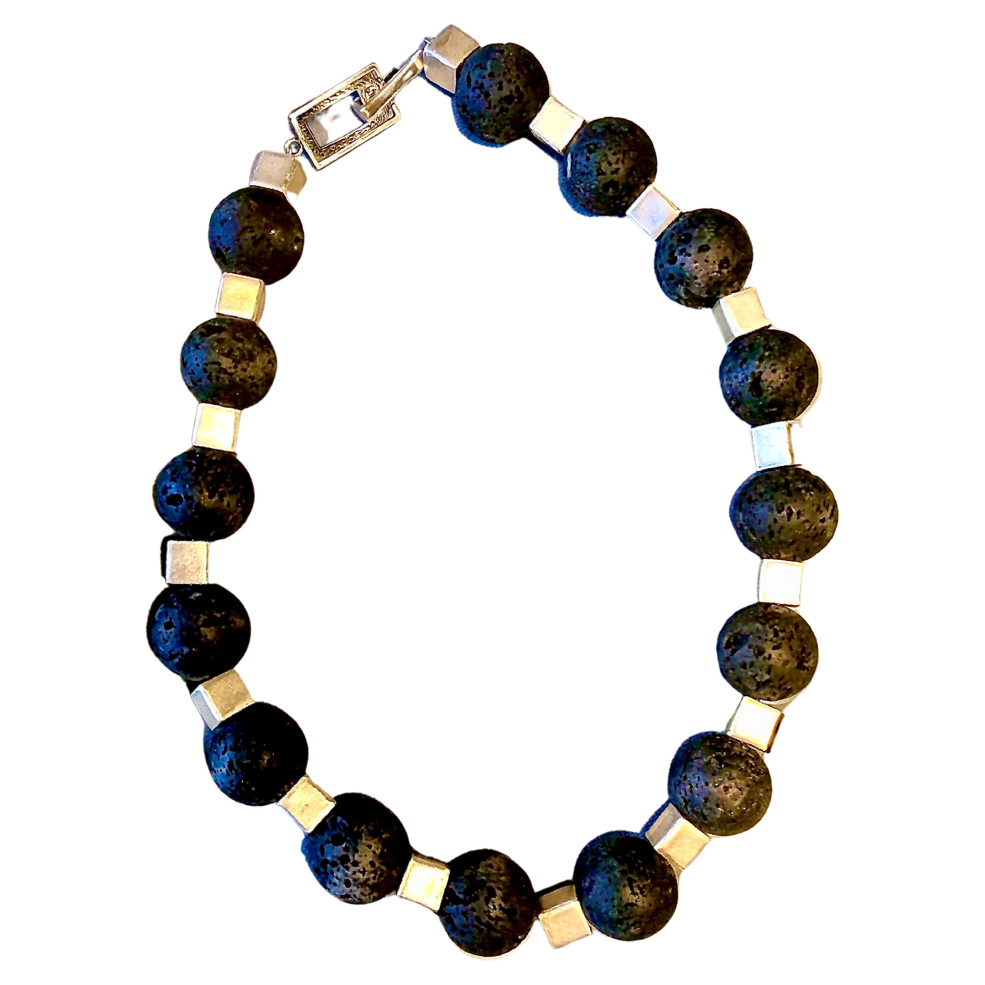 Round black lava beads necklace w/ metal spacers and sterling silver clasp