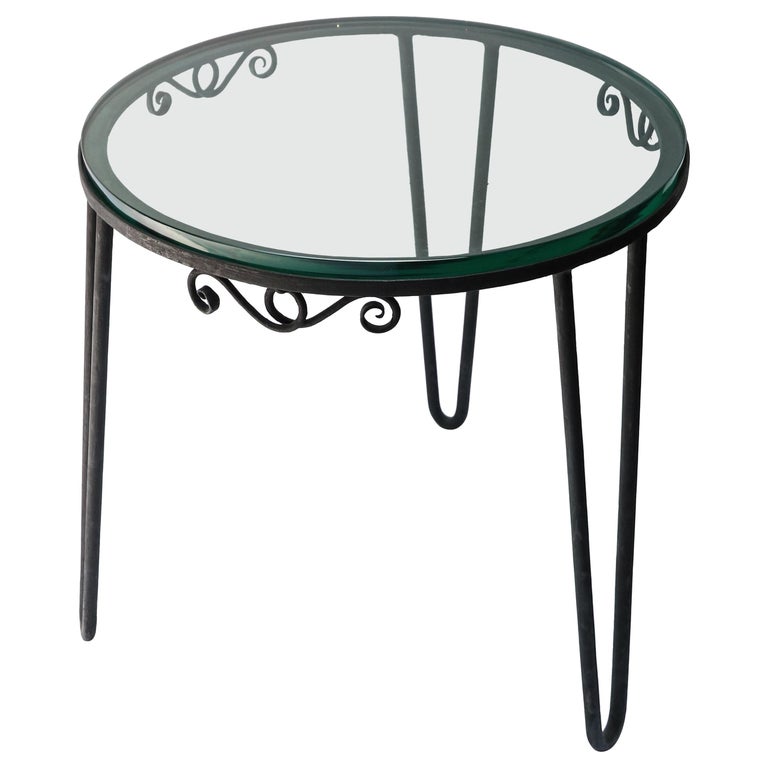 Round Black Metal 1960s Italian Side Table with Glass Top For Sale at
