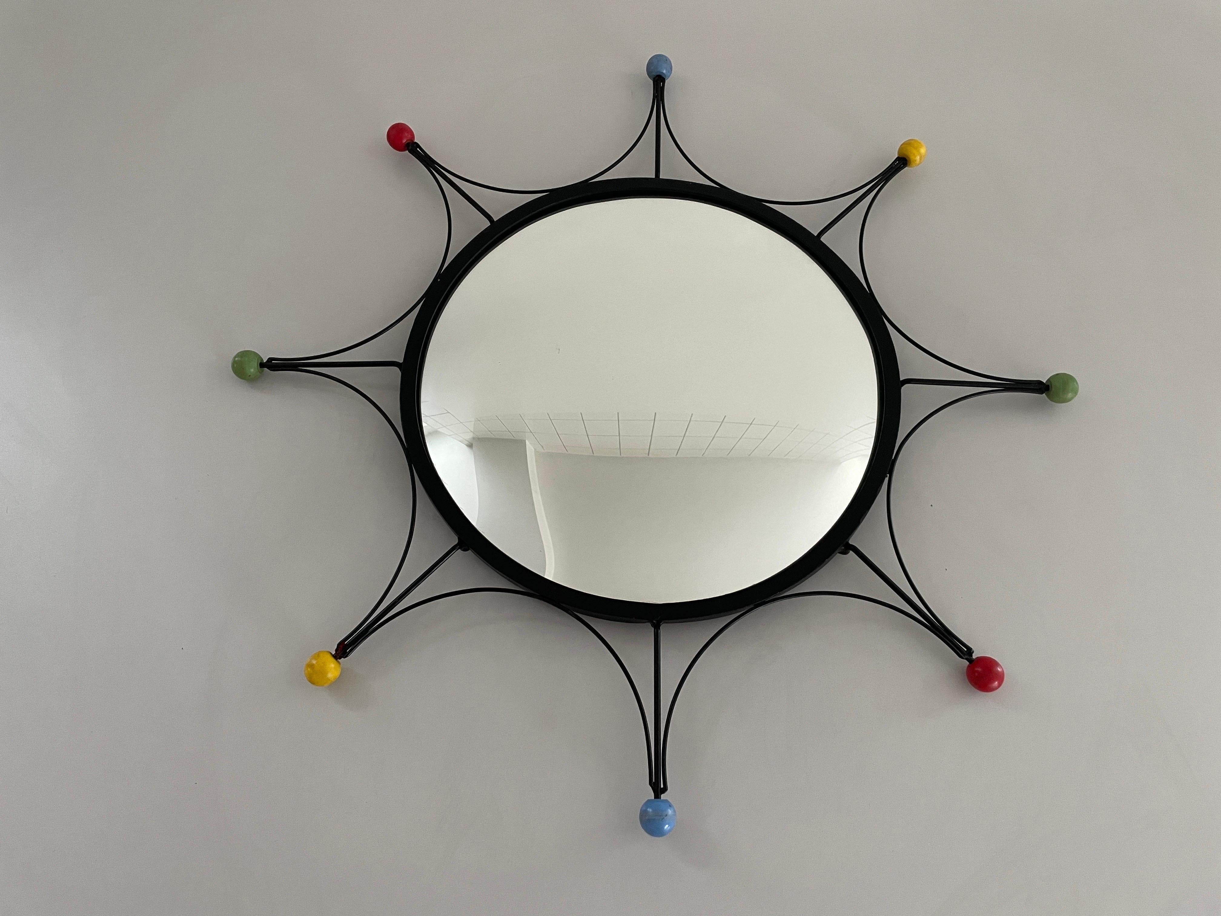 Mid-Century Modern Round Black Metal Atomic Style Wall Mirror, 1970s, France For Sale