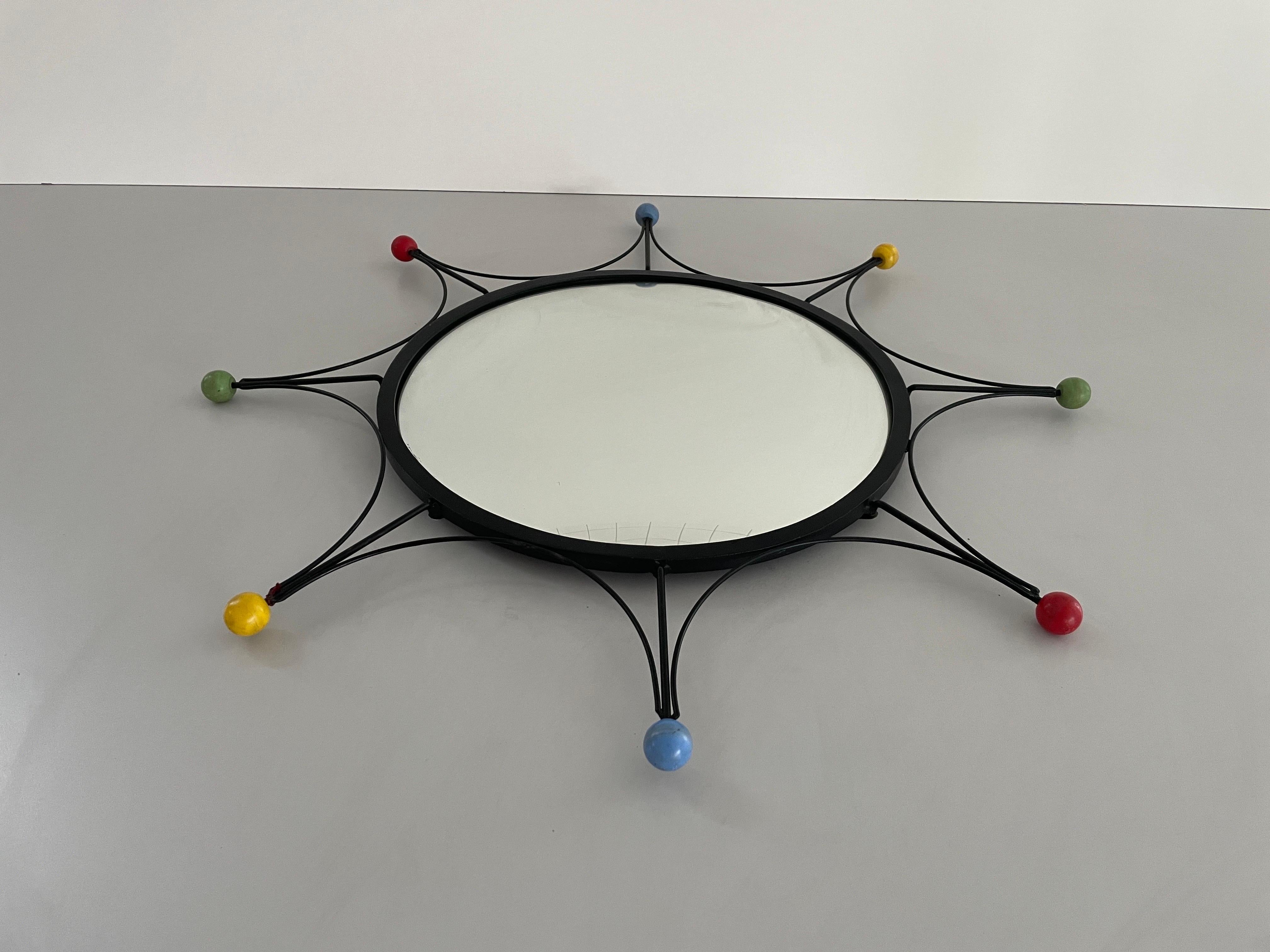 French Round Black Metal Atomic Style Wall Mirror, 1970s, France For Sale